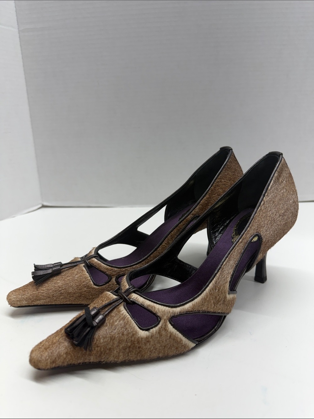Rene Caovilla Heels Pony Hair High Heel Tasseled Shoes Tan Brown Size 36 / 6